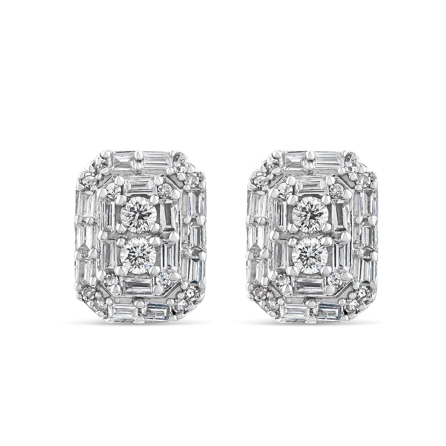 9ct White Gold 0.30ct Octagonal Baguette Round Cluster Stud Earrings