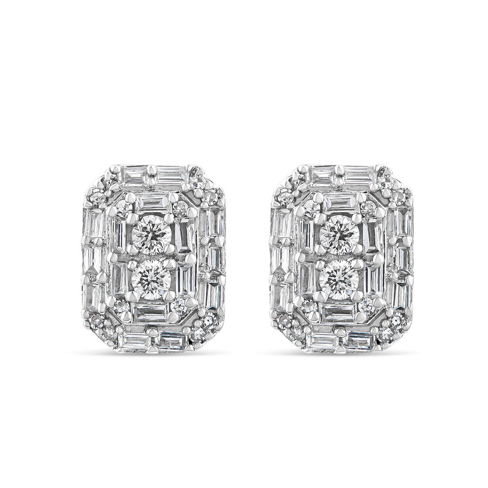 9ct White Gold 0.30ct Octagonal Baguette & Round Cluster Stud Earrings