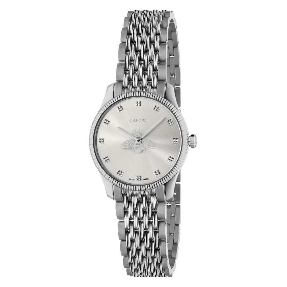 Gucci Timeless 29mm Silver Dial Bee Detail Steel Case Bracelet Watch image number 0