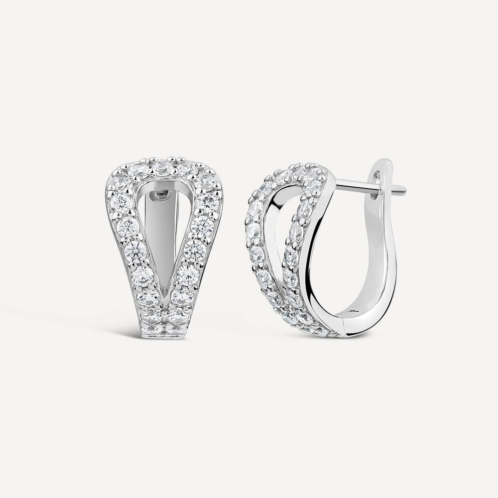 Sterling Silver Cubic Zirconia Opened Tear Shaped Hoop Earrings image number 1