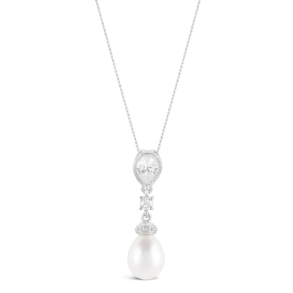 9ct White Gold Oval Freshwater Pearl Cubic Zirconia Round & Pear Top Pendant (Chain Included) image number 0