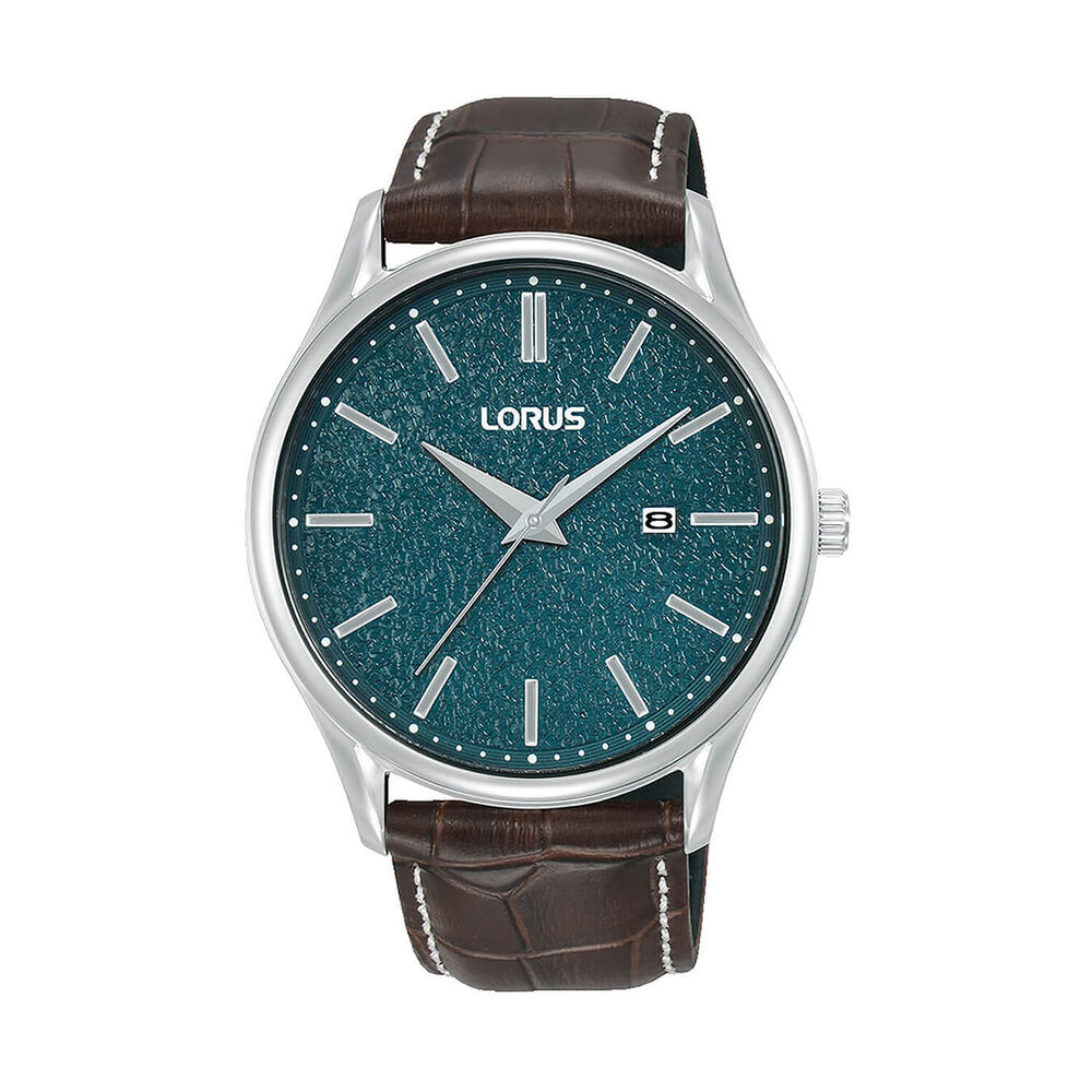 Lorus Quartz Gents 42mm Lake Blue & Green Dial Dark Brown Leather Strap Watch