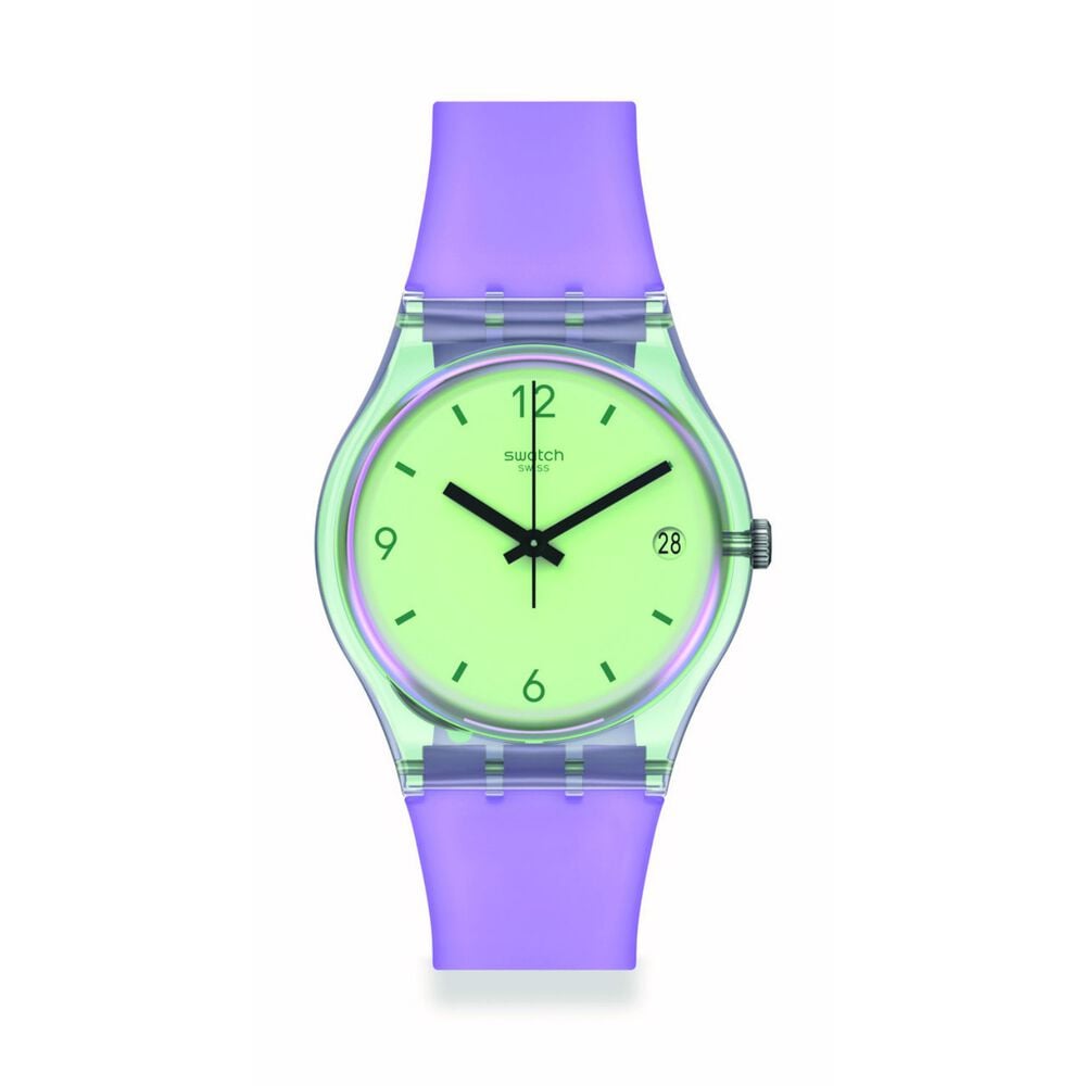 Swatch Mystic Sunrise 34mm Green Dial Purple Bracelet Watch