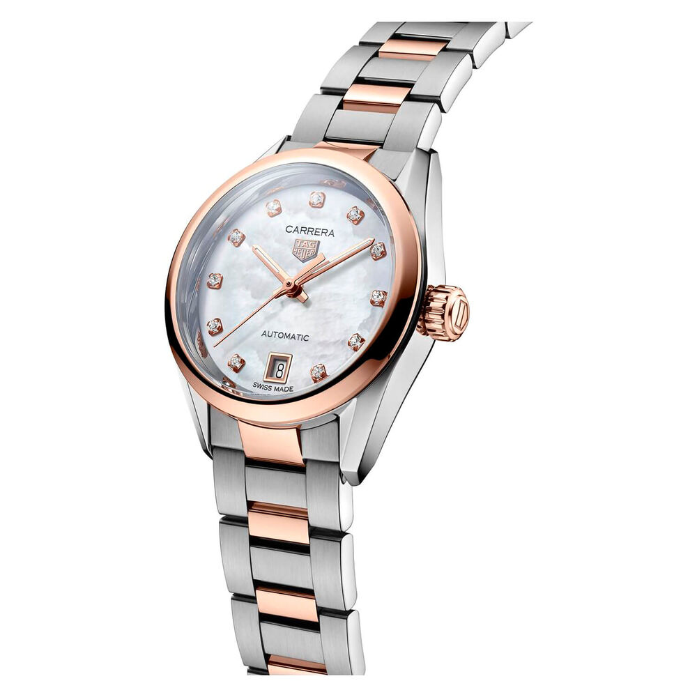 TAG Heuer Carrera Date 29mm MOP Dial Diamond Dots Stainless Steel & Rose Gold Bracelet Watch image number 1