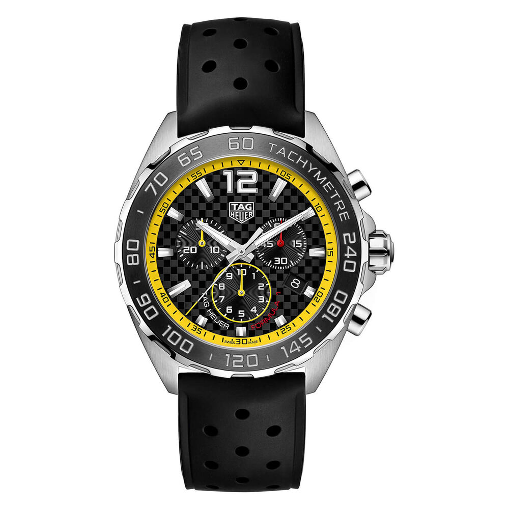 TAG Heuer Formula 1 43mm Black Dial Chrono Yellow Detail Steel Case Black Strap Watch