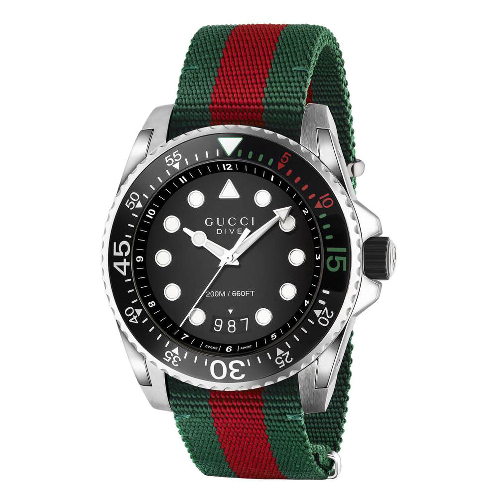 Gucci Dive 45mm Black Dial Steel Case Green & Red & Green Strap Watch