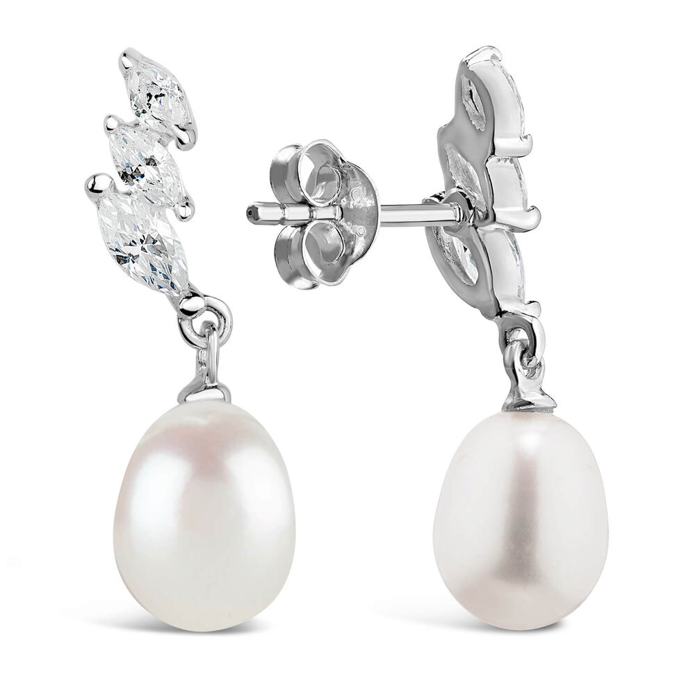 Sterling Silver Three Marquise Cubic Zirconia 3 With forwarding Pearl Drop Earrings image number 8