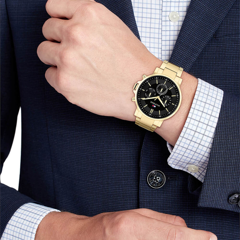 Tommy Hilfiger 44mm Chronograph Black Dial Yellow Gold IP Steel Bracelet Watch image number 3