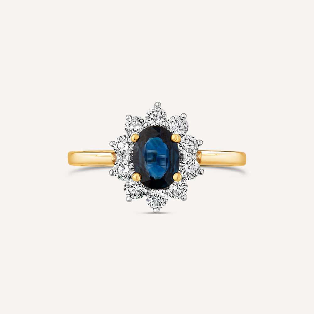 18ct Yellow Gold Sapphire with 0.59 Carat Diamond Cluster Ring