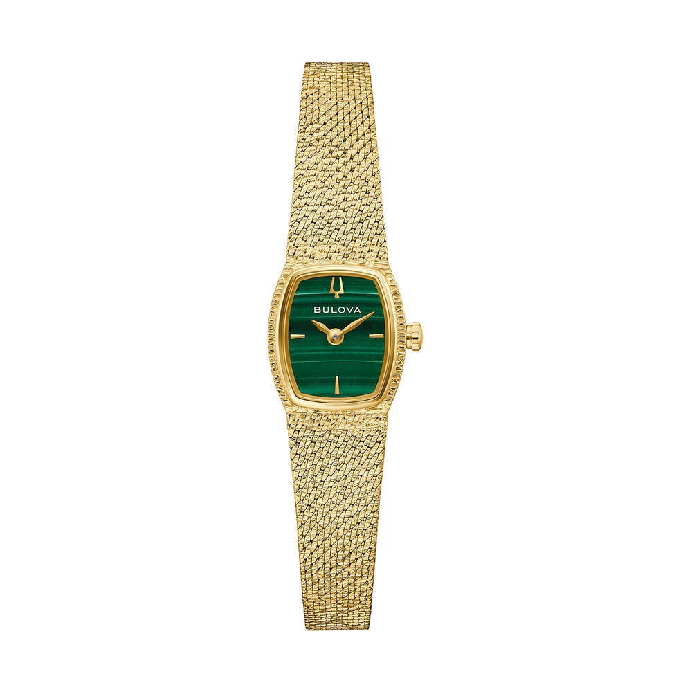 Bulova Goddess of Time 17mm Green Malachite Dial Gold Tone Steel Mesh Bracelet Watch image number 0