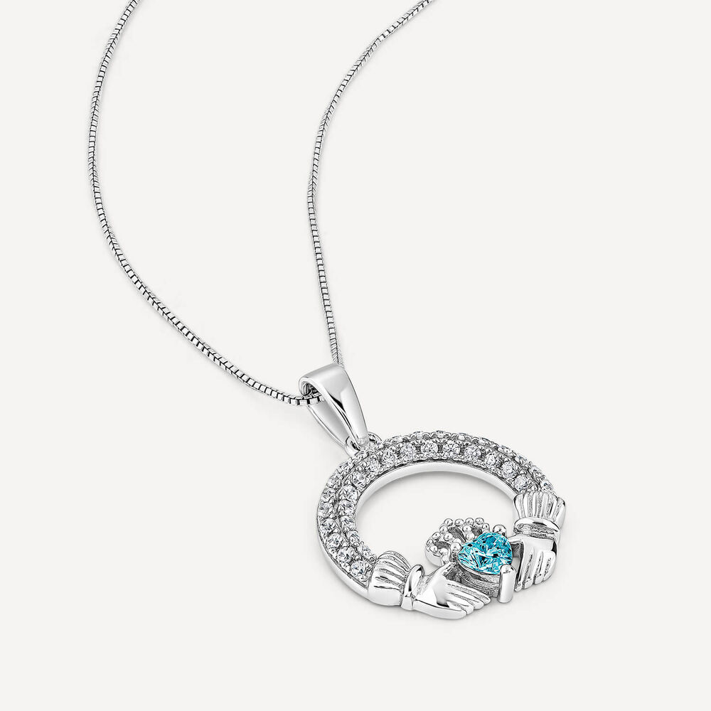 Sterling Silver March Birthstone Pave Cubic Zirconia Claddagh Pendant image number 3