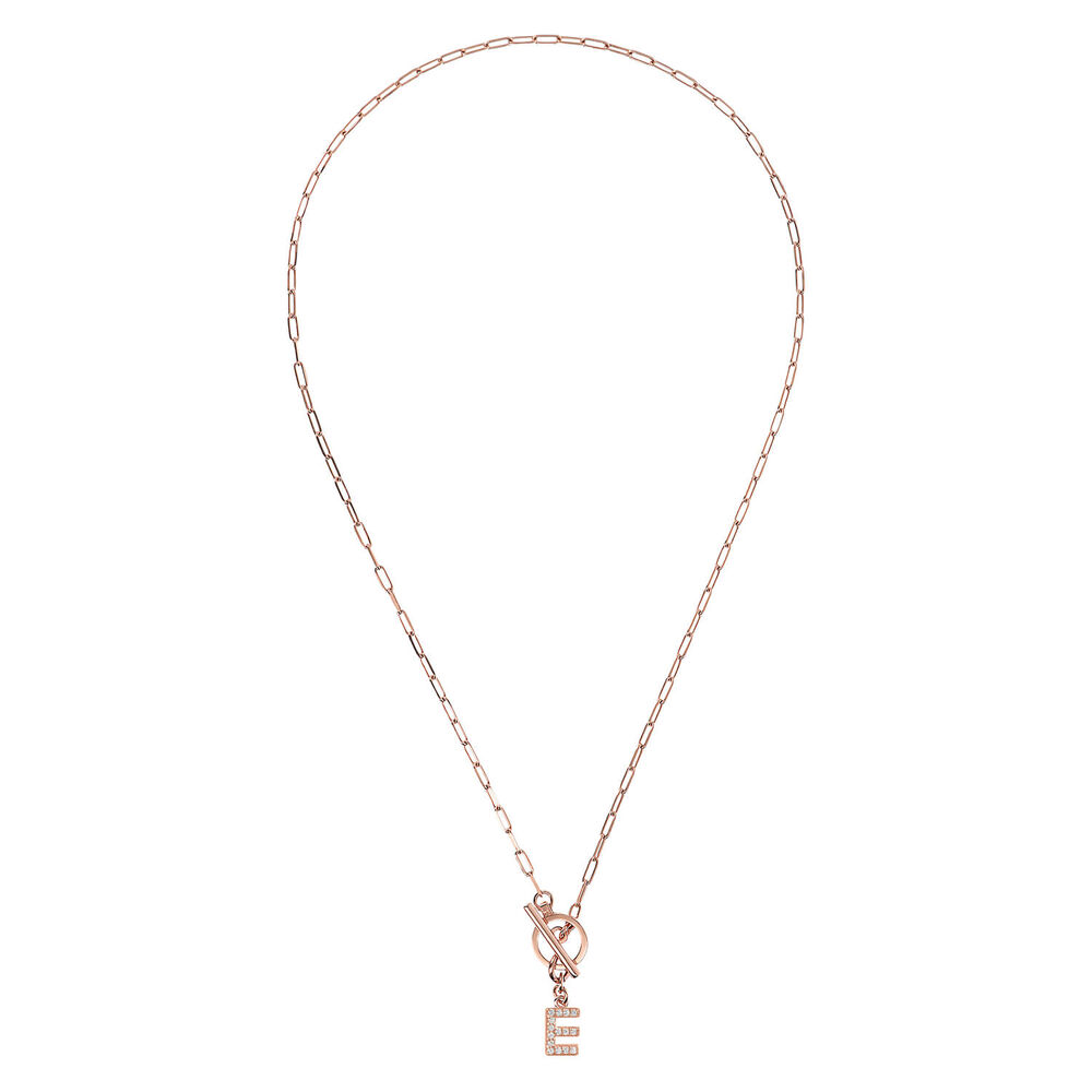 Bronzallure Mini Paper Link With Latter E Pave And T-Bar Necklace