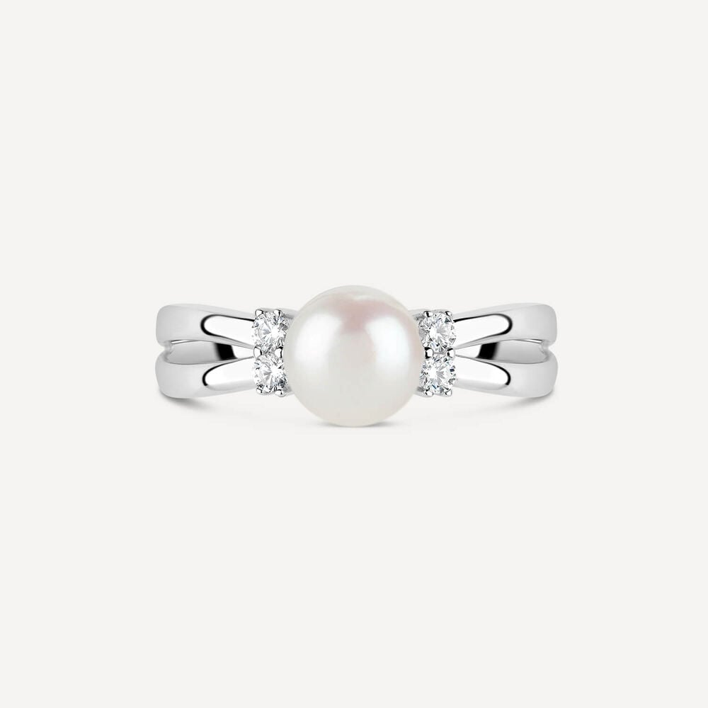 Sterling Silver Pearl and Cubic Zirconia Split Shoulder Ring