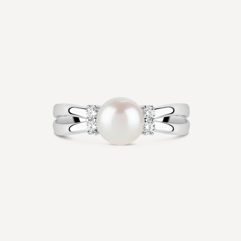 Sterling Silver Pearl and Cubic Zirconia Split Shoulder Ring