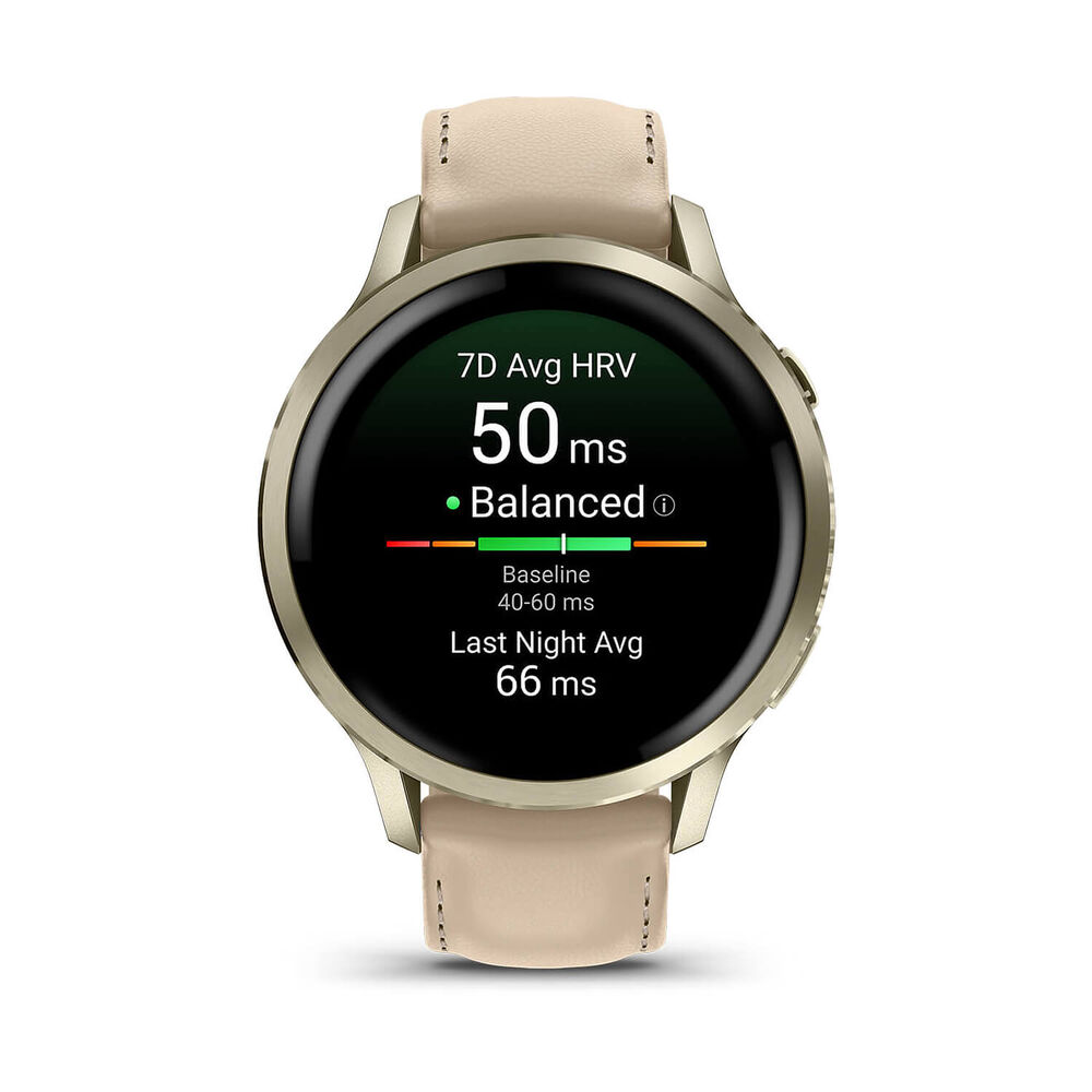 Garmin Venu 4 41mm Lunar Gold Bezel Light Sand Leather Strap Watch image number 1