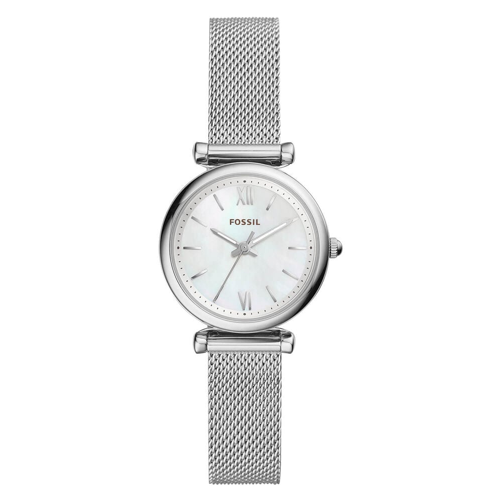 Fossil Mini Carlie Mother of Pearl Dial Stainless Steel Mesh Bracelet Watch image number 0