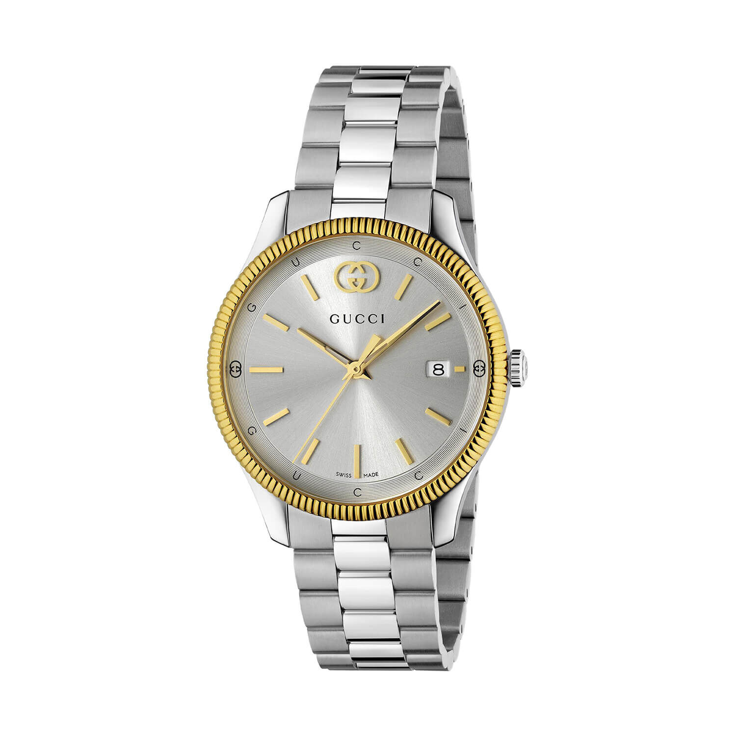 Gucci G Timeless Silver Dial Gold Bezel Steel Bracelet Watch