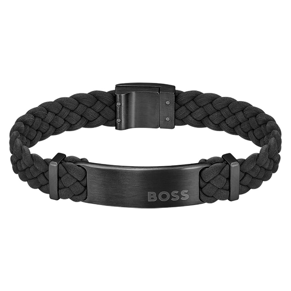 BOSS Dylan Black Leather Stainless Steel Plate Bracelet