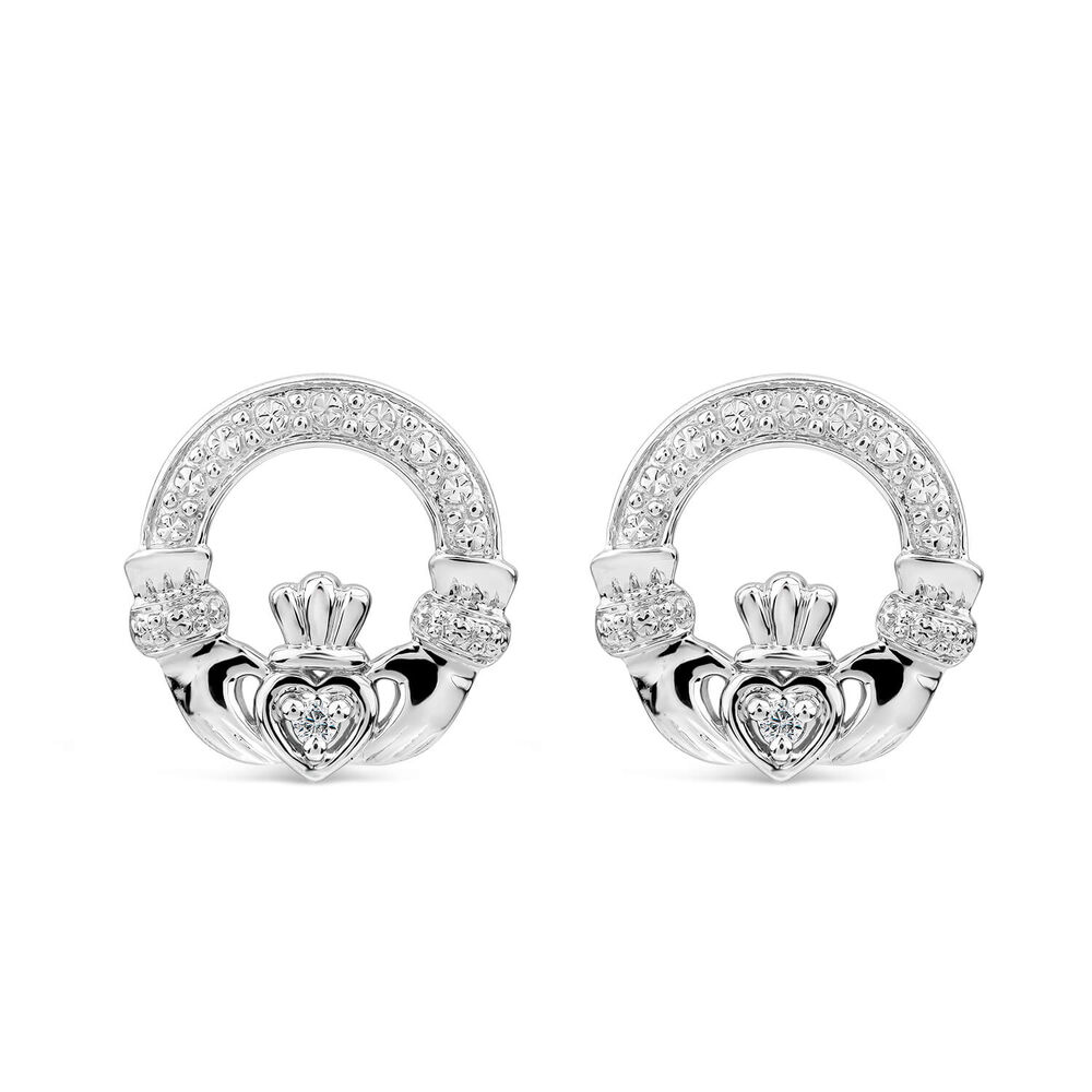 14ct White Gold Diamond Claddagh Stud Earrings image number 0