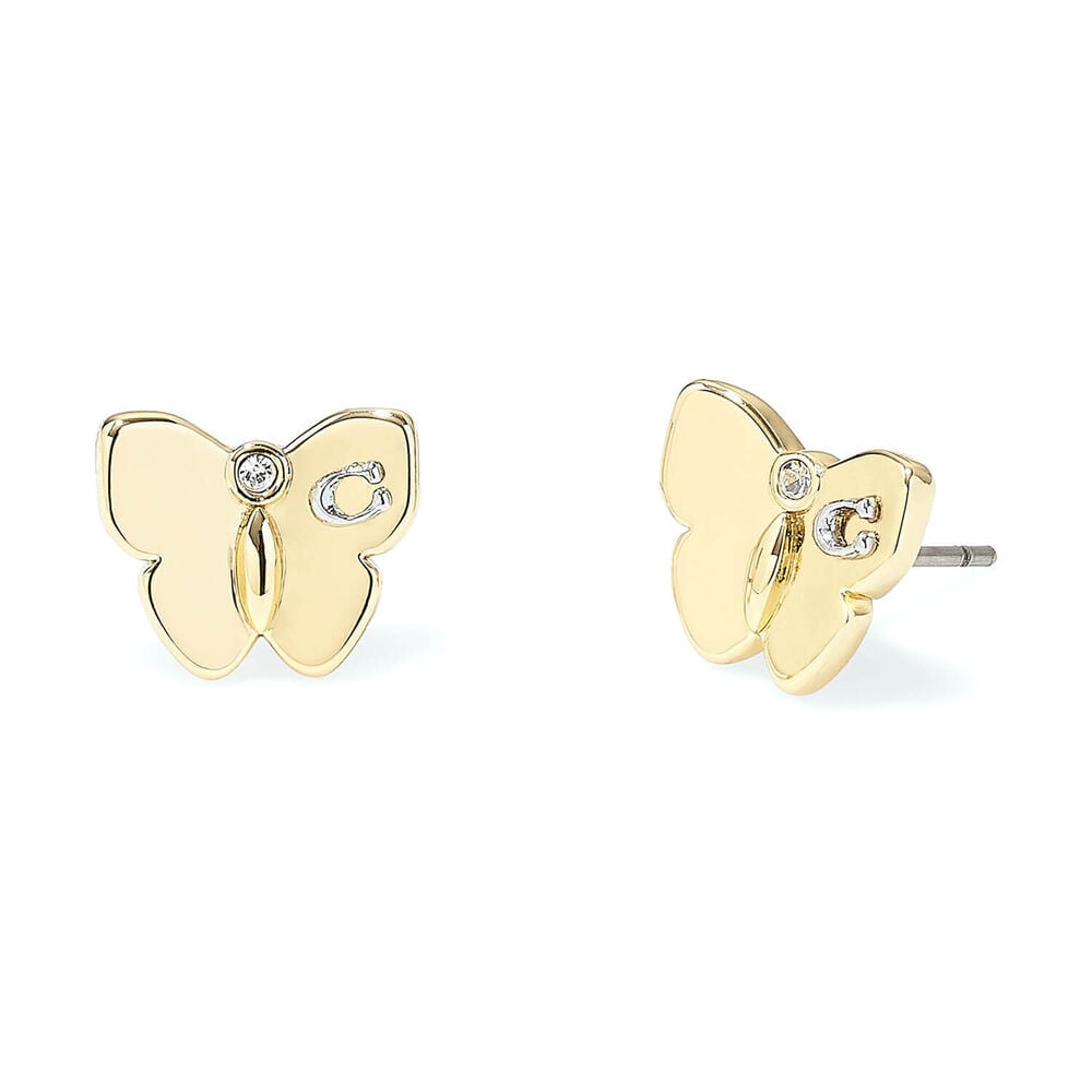 Coach Signature Gold Tone Brass Cubic Zirconia Butterfly Stud Earrings
