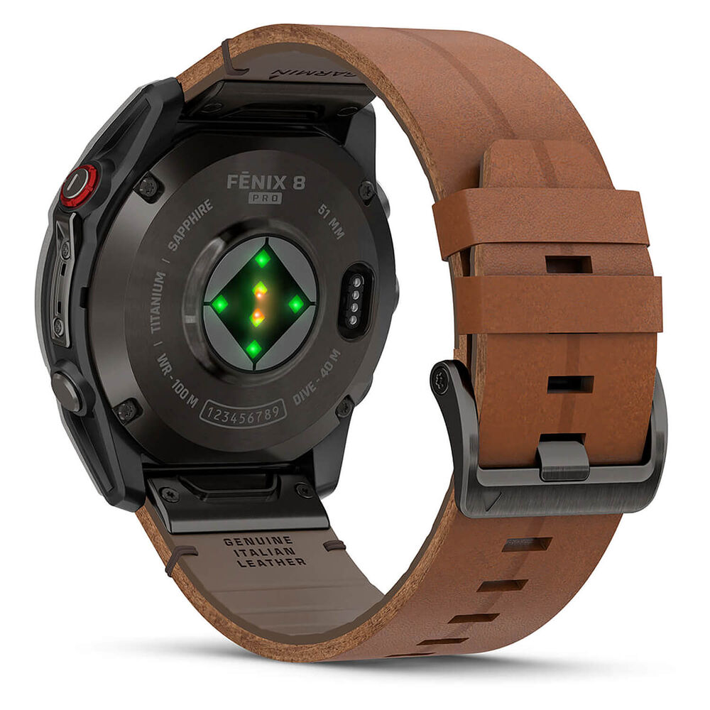 Garmin fenix 8 Pro AMOLED 51mm Carbon Grey DLC Titanium Case Brown Leather Strap Watch image number 3