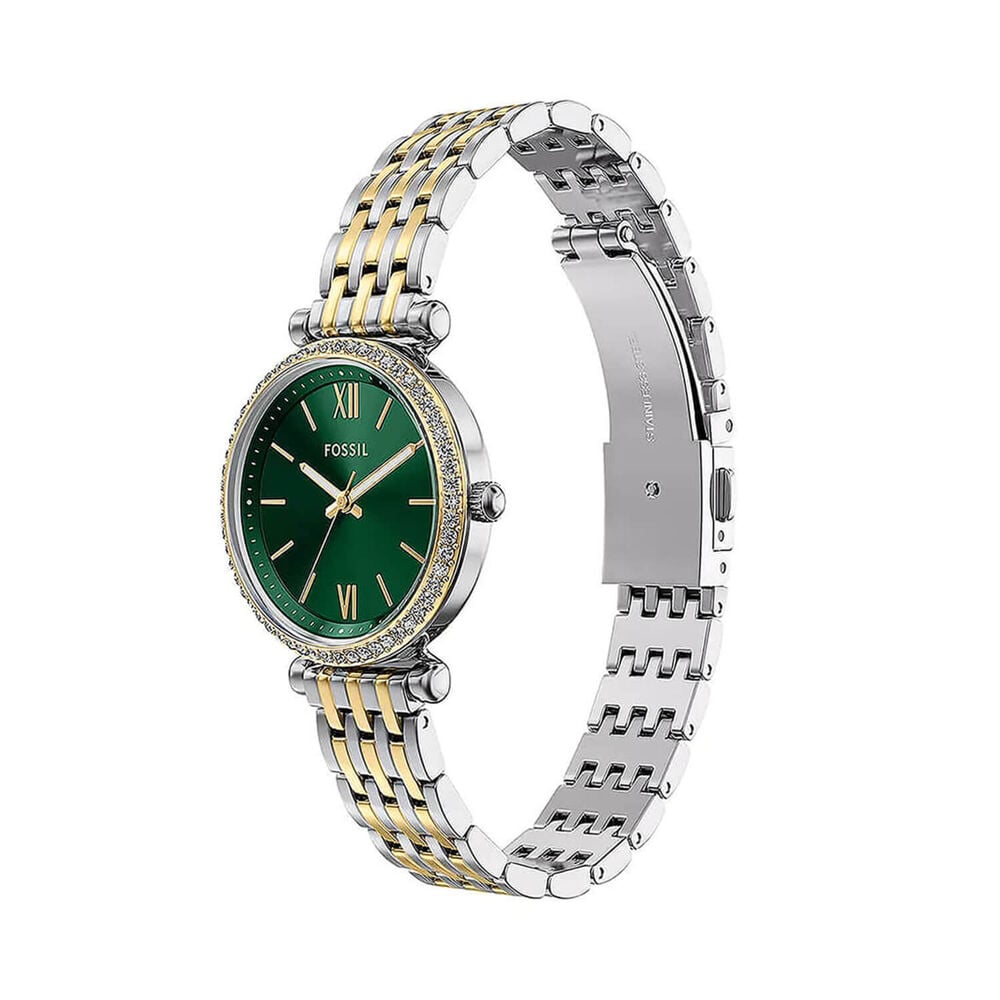 Fossil Carlie 28mm Green Dial Two Tone Stainless Steel Bracelet Watch image number 1