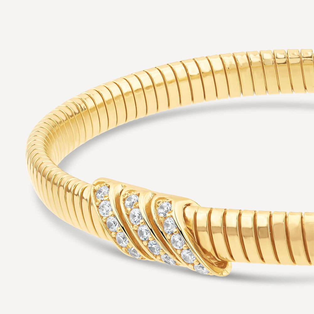 Yellow Gold Plated Sterling Silver Three Bar Cubic Zirconia Centre Ribbed Bangle image number 1