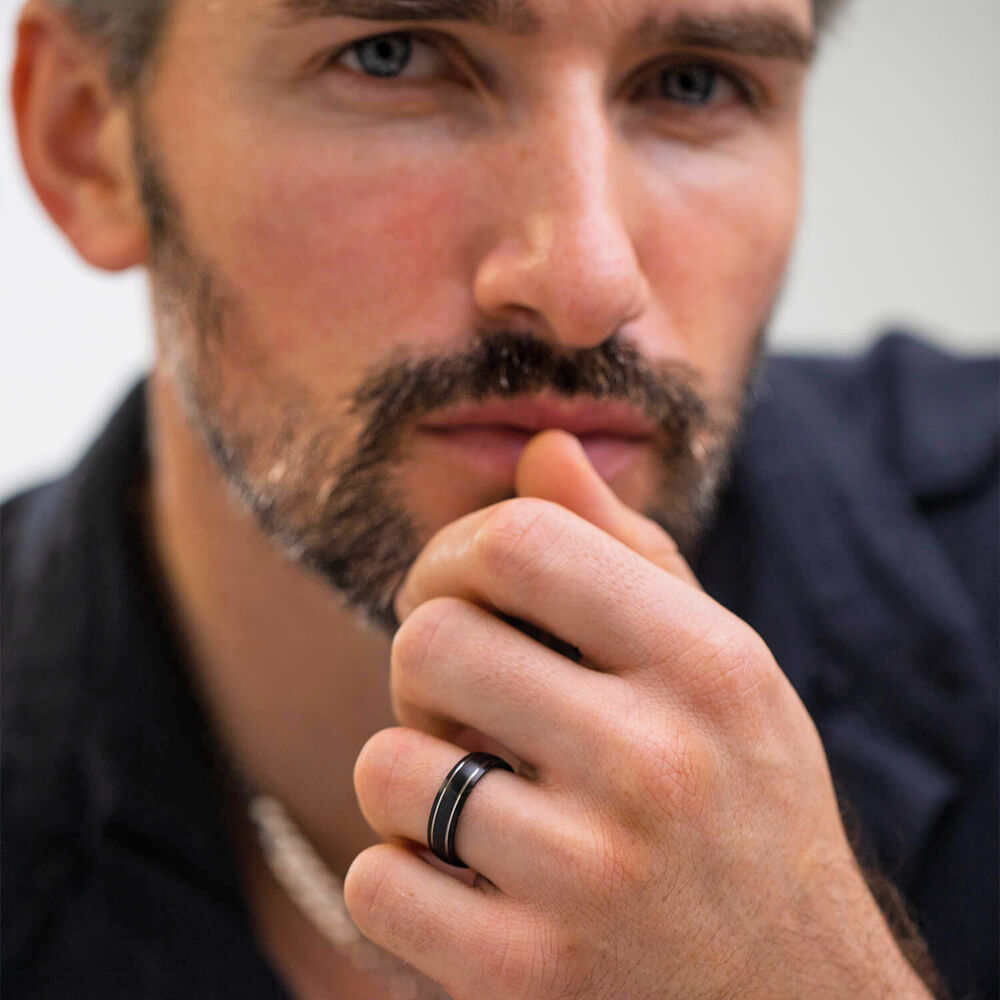 Black Titanium Silver Coloured Double Line Mens Ring image number 3
