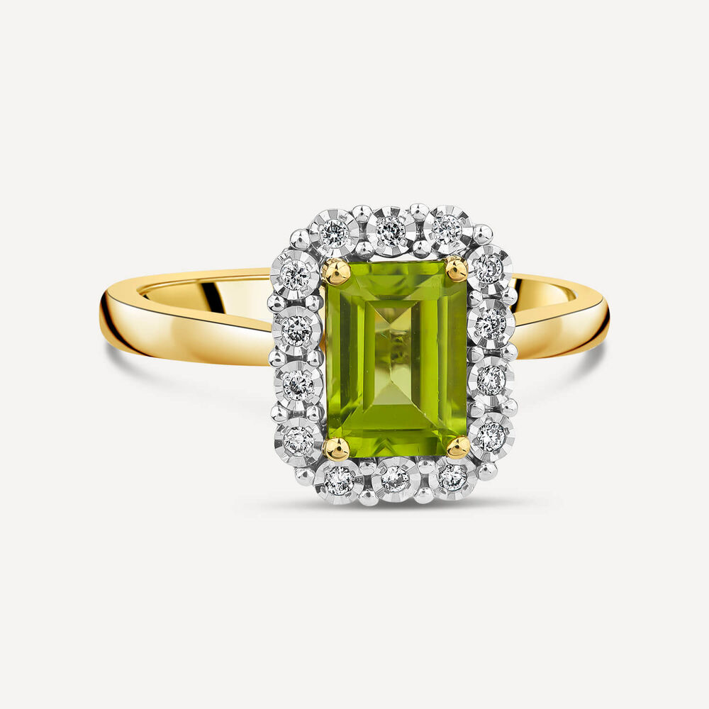 9ct Yellow Gold Rectangular Peridot 0.06ct Halo Diamond Ring image number 2
