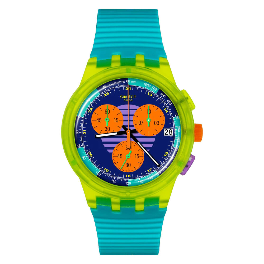 Swatch Neon Wave Chronograph 42mm Multi-Coloured Dial Blue Silicone Strap Watch image number 0