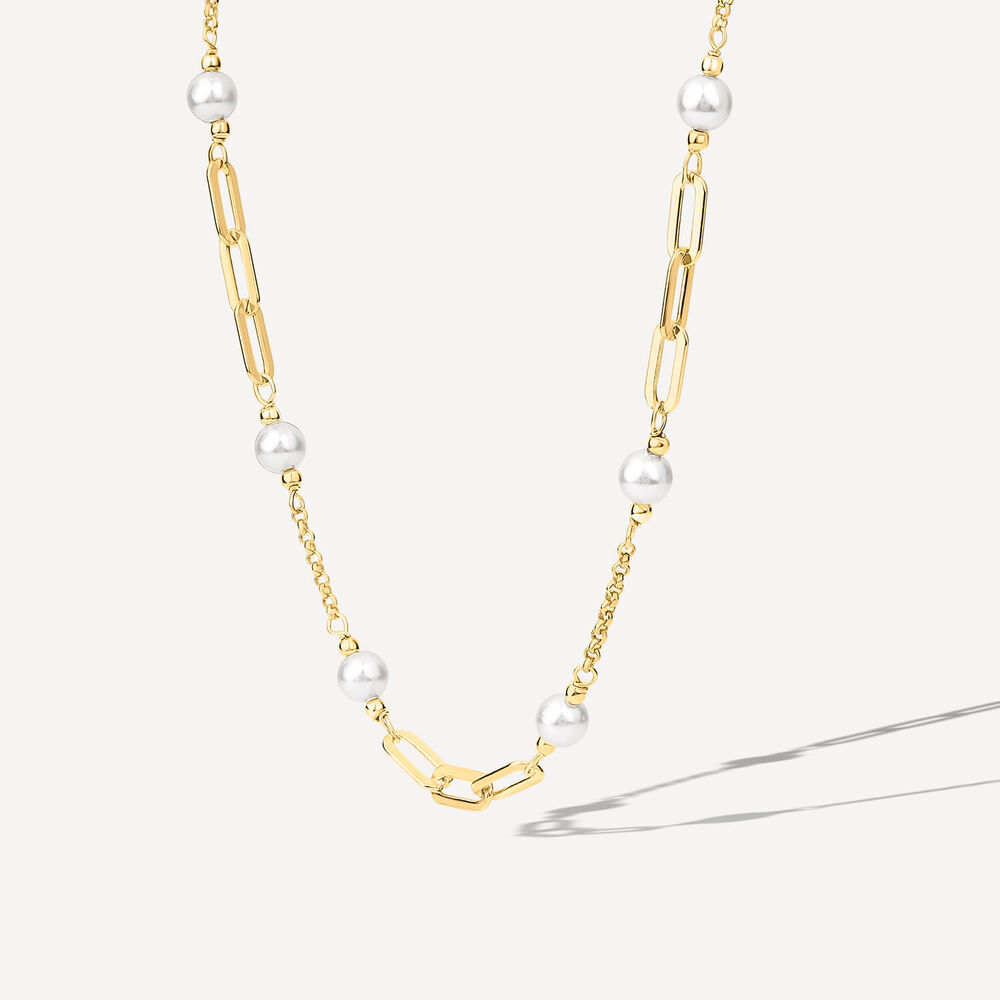 Yellow Gold Plated Sterling Silver Stationed Pearls Paperlink Necklet