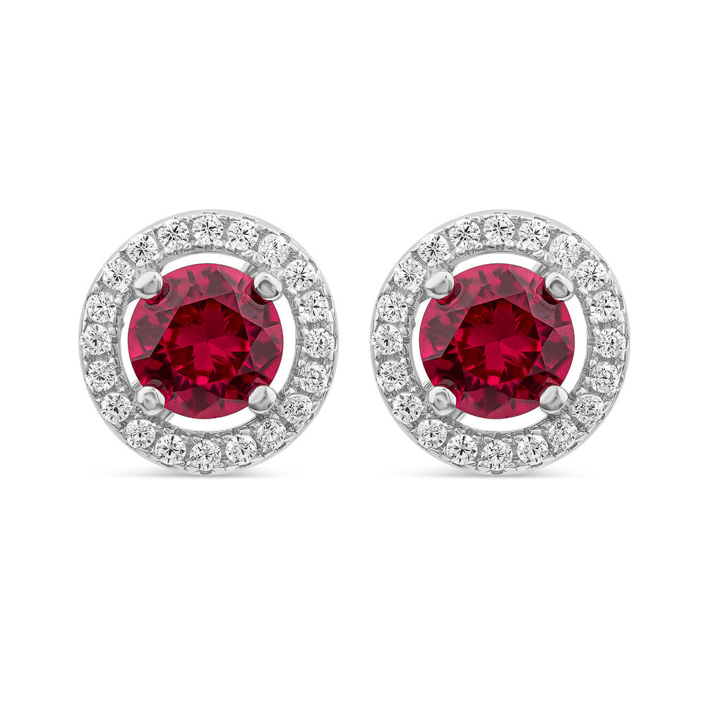 Sterling Silver Red Centre Stone & Cubic Zirconia Halo Stud Earrings image number 0