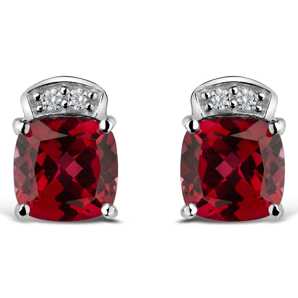 9ct White Gold Cushion Simple Ruby With Cubic Bale Ladies Stud Earrings