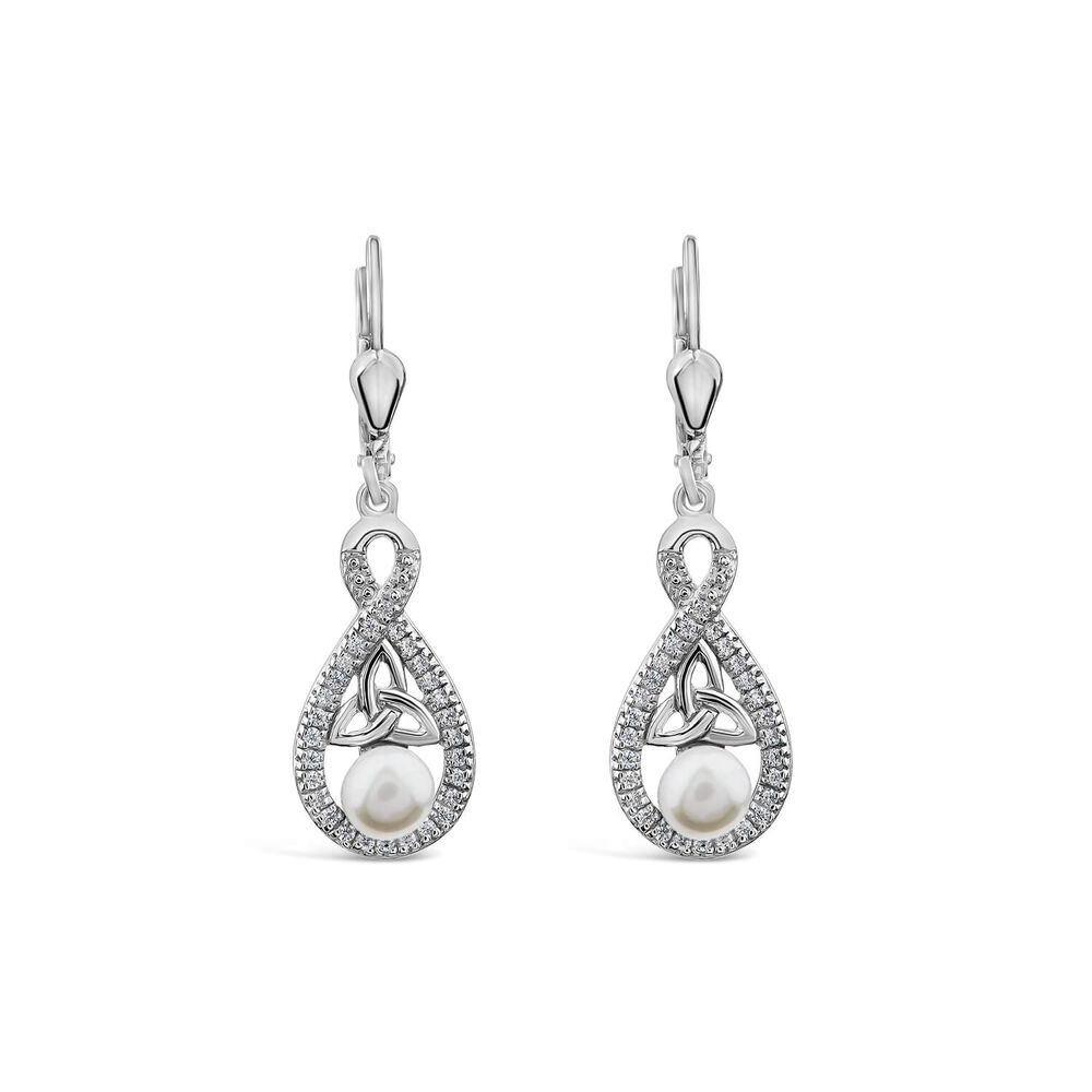 Sterling Silver Pearl & Cubic Zirconia Trinity Drop Earrings image number 0