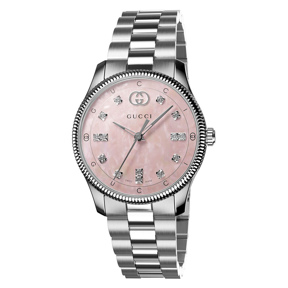 Gucci G-Timeless Quartz 29mm Pink MOP Dial Diamond Dots Steel Bracelet Watch