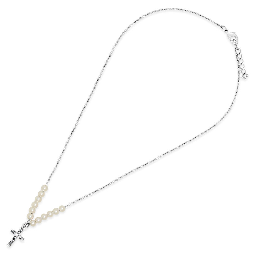 Silver Plated Pearl Chain With Cubic Zirconia Cross image number 3