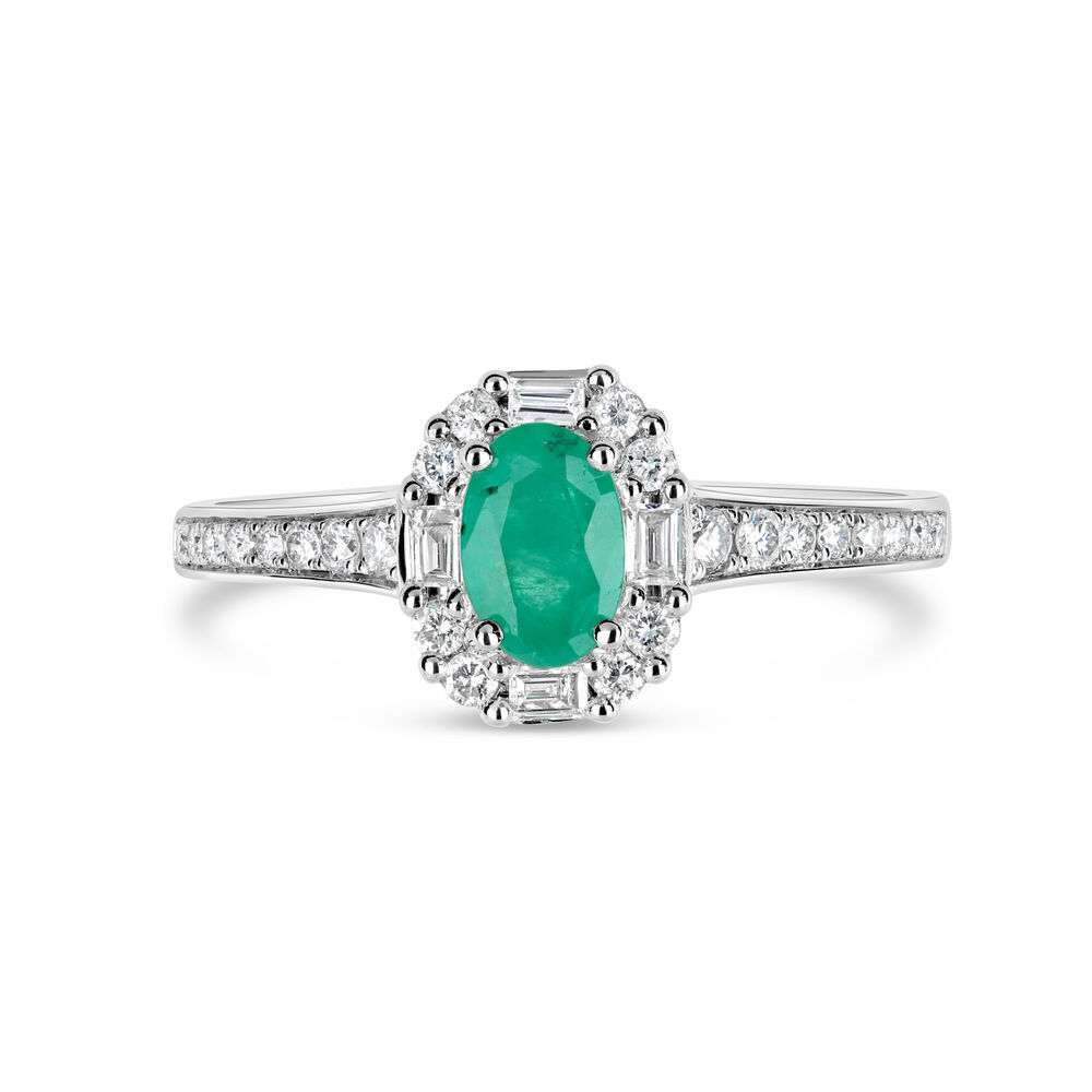 9ct White Gold Oval Emerald & 0.22ct Diamond Ring
