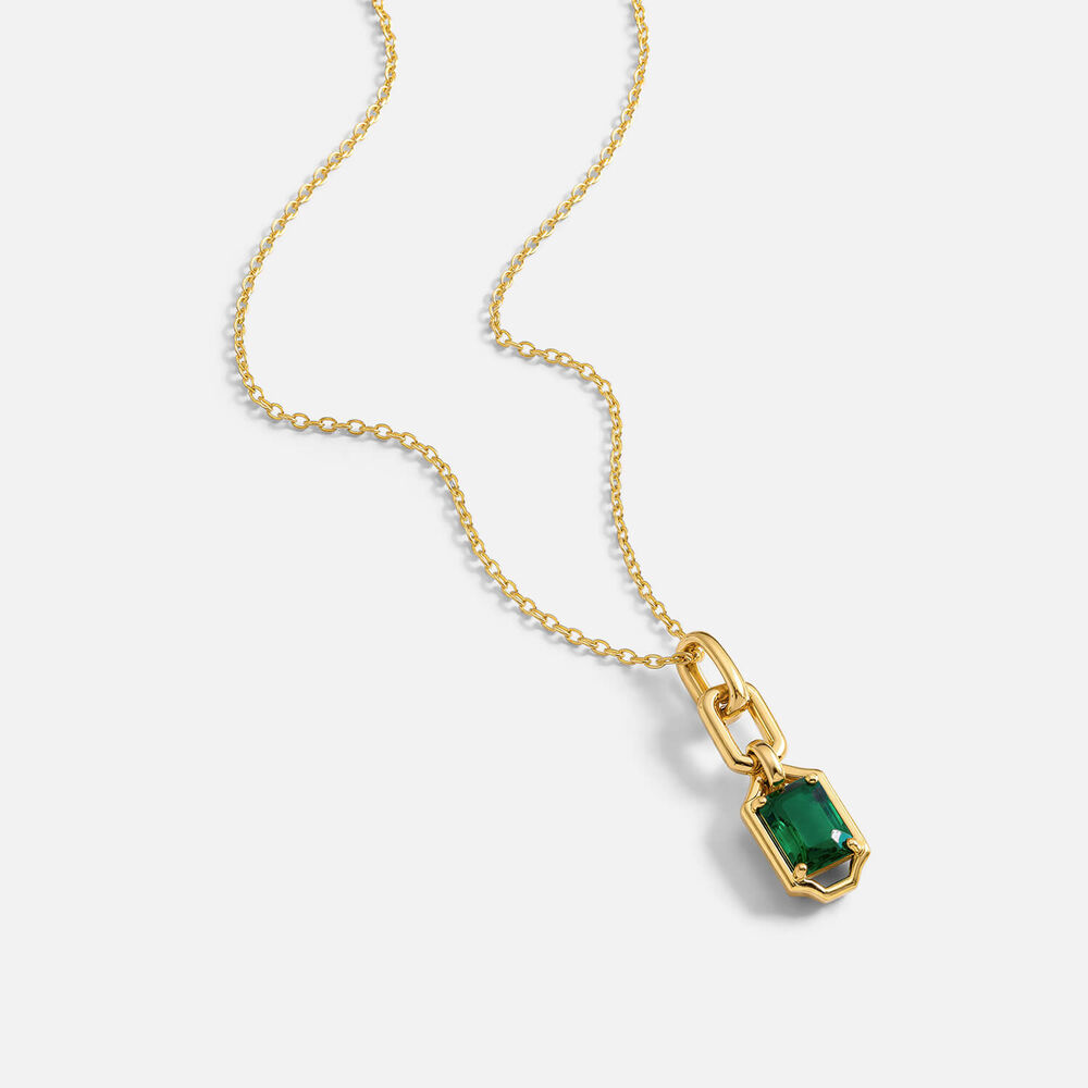 Yellow Gold Plated Vermeil Sterling Silver Created Emerald Rectangular Link Pendant