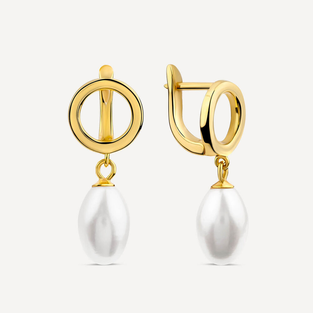 Yellow Gold Plated Sterling Silver Open Circle Freshwater Pearl Drop Earrings image number 1