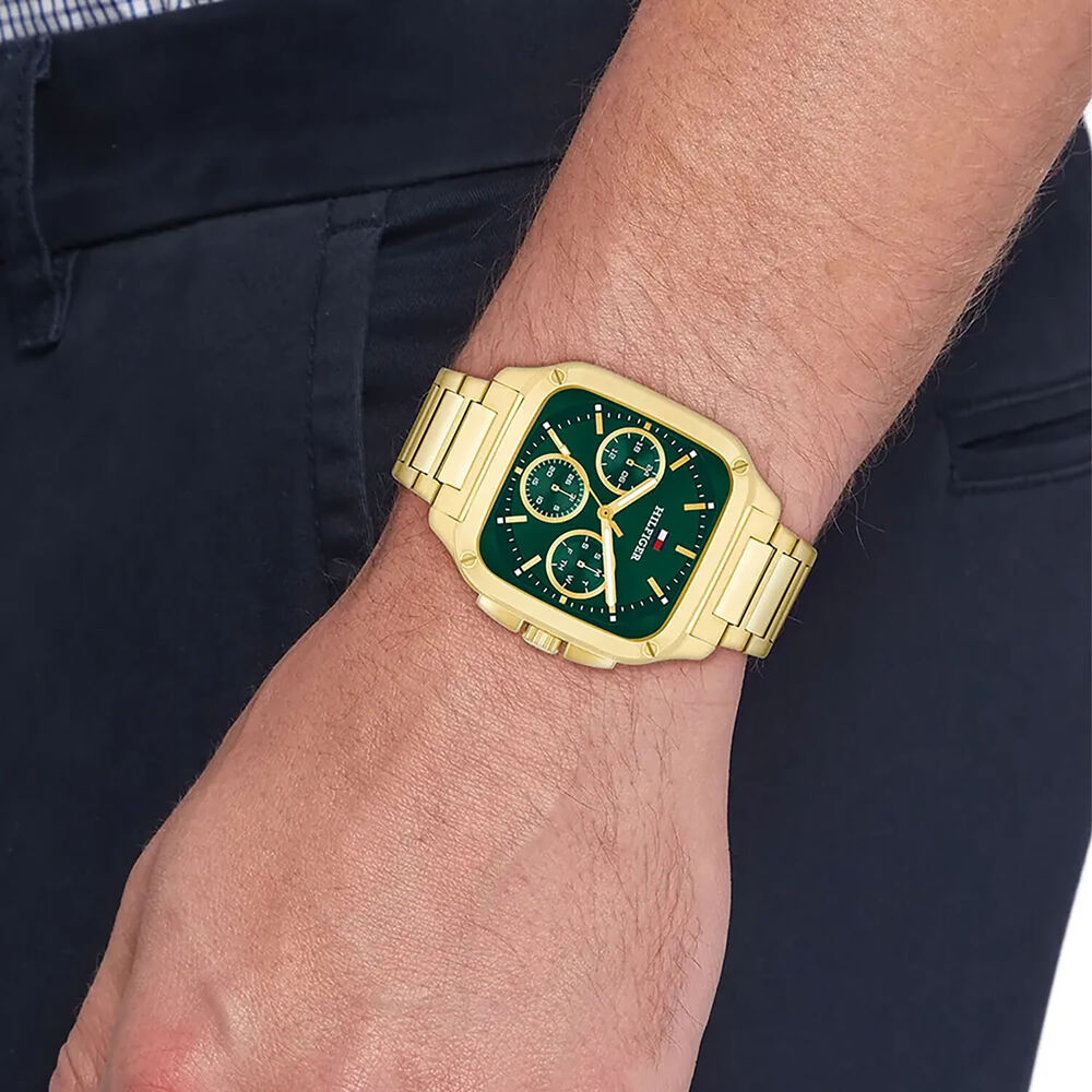 Tommy Hilfiger Herald 37 x 39mm Green Dial Yellow Gold Plated Case Bracelet Watch image number 3