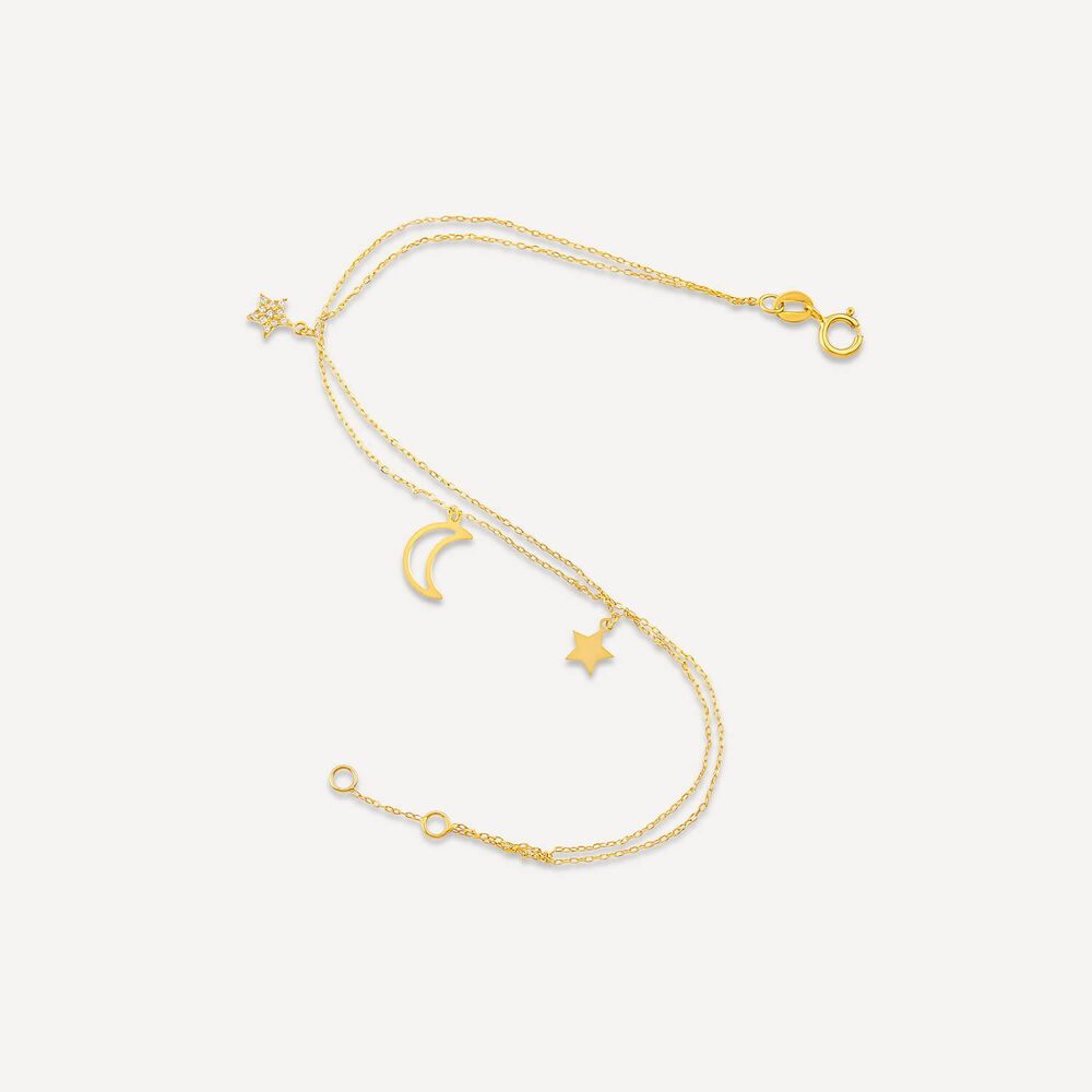 9ct Yellow Gold Polished & Cubic Zirconia Moon & Stars Two Strands Bracelet image number 3