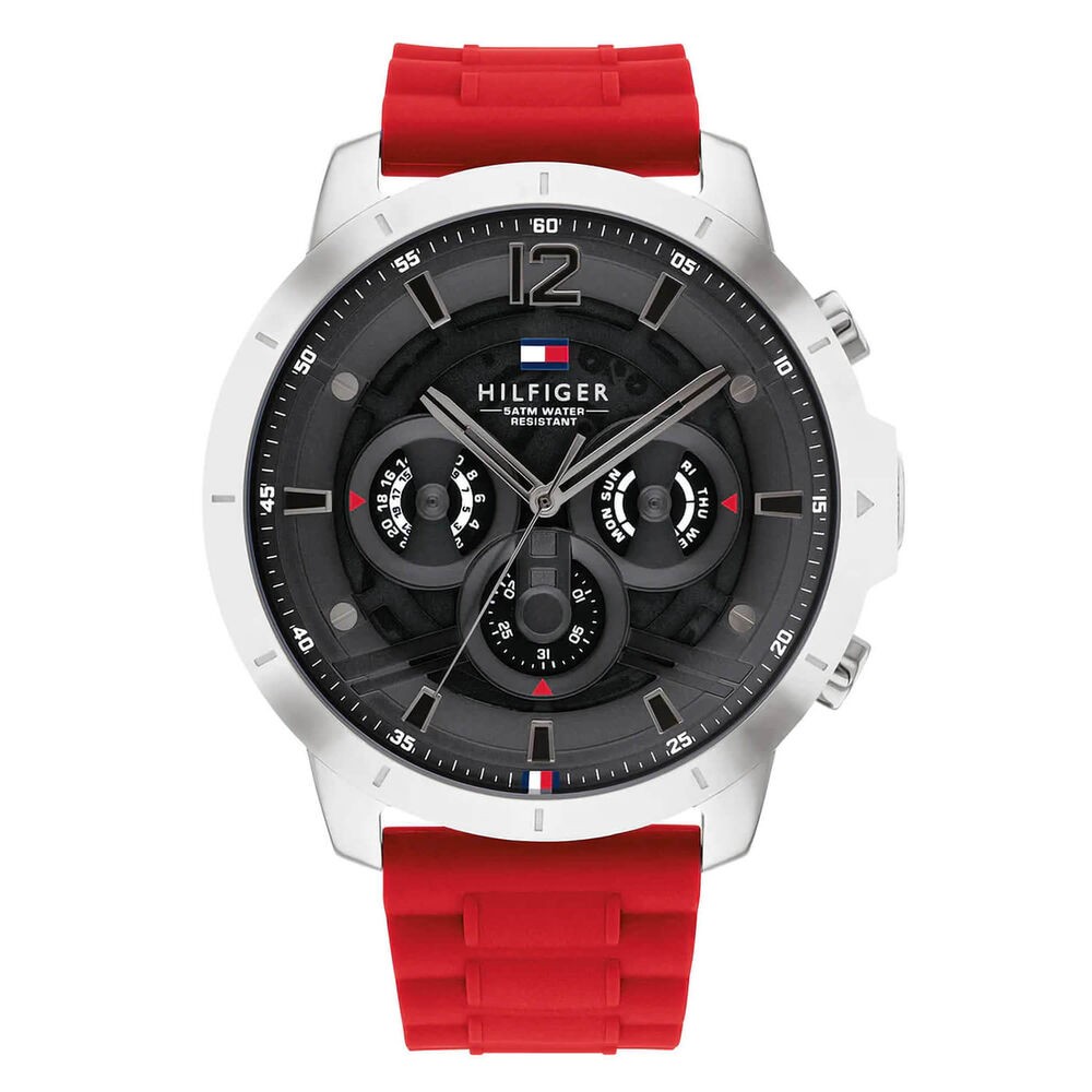 Tommy Hilfiger 50mm Grey Dial Red Rubber Strap Watch