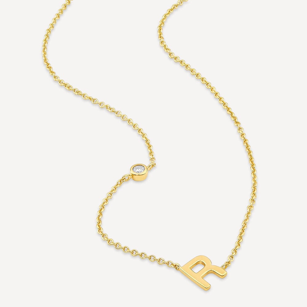 Sterling Silver Yellow Gold Plated 0.06ct Lab Grown Diamond Initial R Necklet