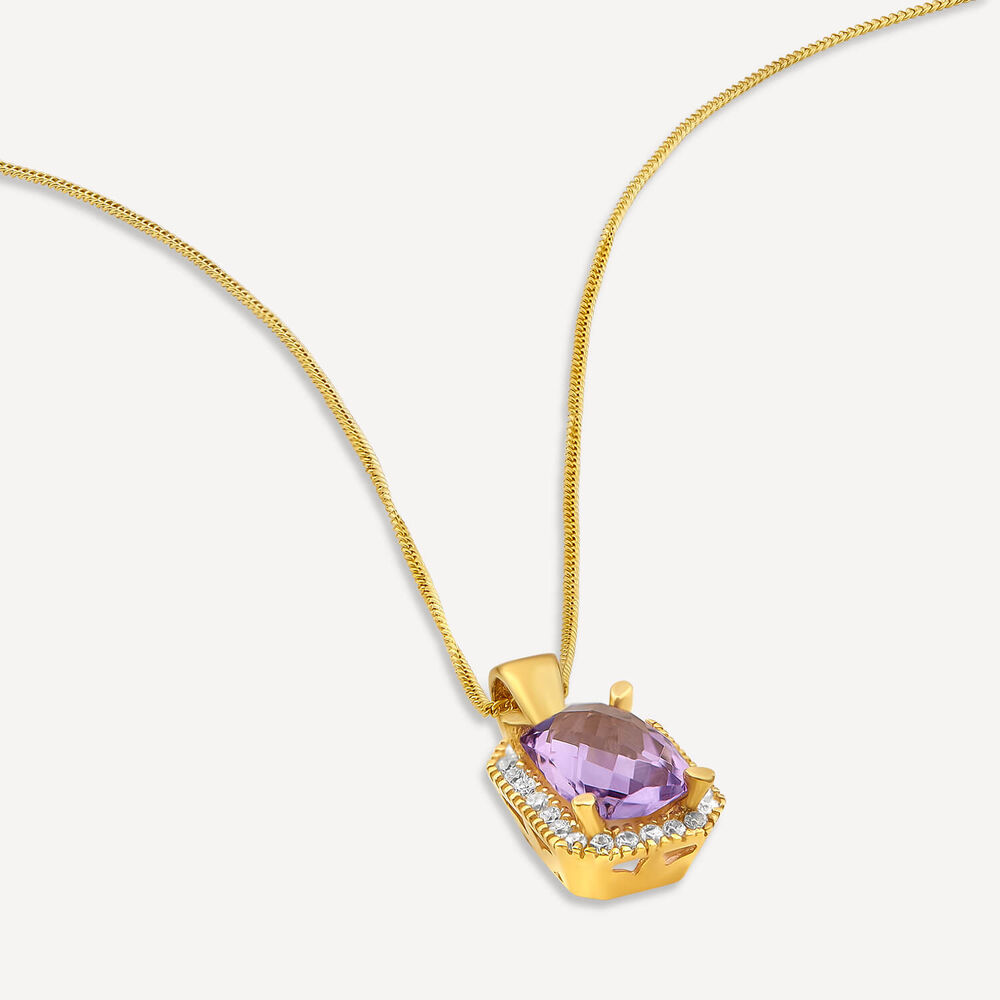 9ct Yellow Gold Rectangular Amethyst & Cubic Zirconia Frame Pendant image number 3
