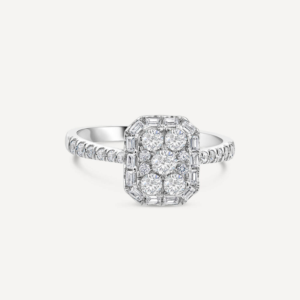 Platinum 0.75ct Rectangular Cluster Diamond Baguette Halo & Shoulders Engagement Ring image number 3