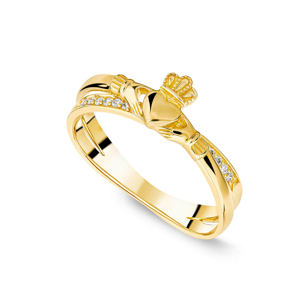 9ct Yellow Gold Cubic Zirconia X Over Claddagh Ring