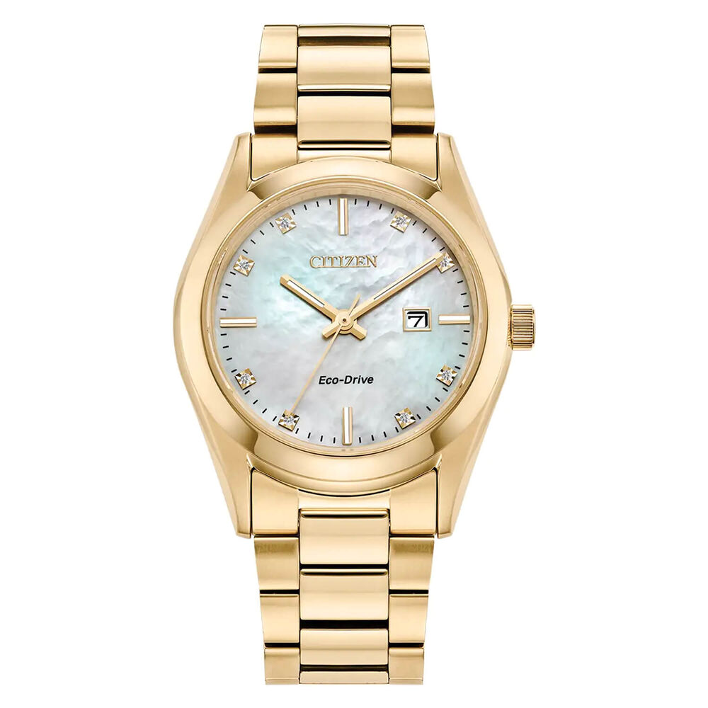 Citizen Eco-Drive Diamond 33mm MOP Dial Gold Toned Steel Bracelet Watch image number 0