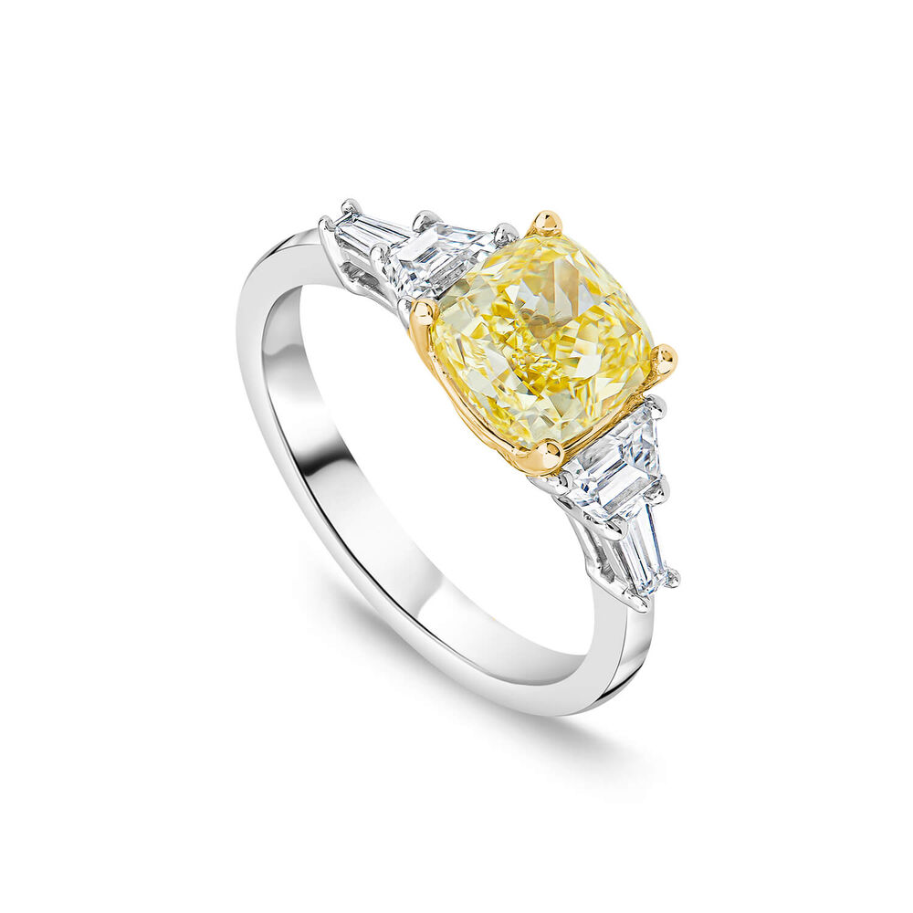 Born Platinum & 18ct YG 2.6ct Yellow Cushion Centre Tapered Shaped Lab Grown Diamond Sides Ring image number 0
