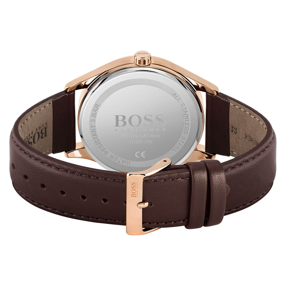 Hugo BOSS Commissioner 42mm Blue Dial Rose Gold IP Case Brown Strap Watch image number 2