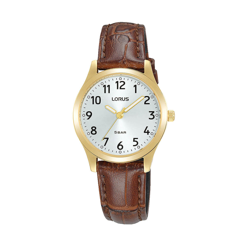 Lorus Quartz Ladies 28mm White Dial Gold Tone Case Brown Leather Strap Watch image number 0